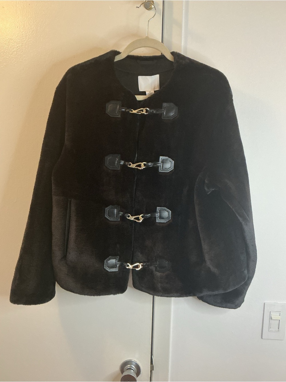 H&M Black Faux Fur Toggle Coat with Gold Accents